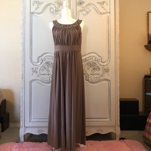 Taupe beaded evening gown